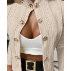 Argyle Cable Textured Stand Collar Metal Button Front Coat