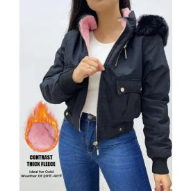   Fuzzy Trim Jacket Hooded Zip Up Fleece Lined Coat Outwear with Pockets