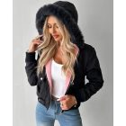 Fuzzy Trim Jacket Hooded Zip Up Fleece Lined Coat Outwear with Pockets