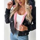 Fuzzy Trim Jacket Hooded Zip Up Fleece Lined Coat Outwear with Pockets