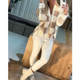   Plaid Pattern Oversized Fleece Jacket Teddy Bear Coat Open Front Batwing Sleeve Fuzzy Cardigan