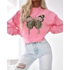 Butterfly Pattern Fleece Lined Sweatshirt Long Sleeve Crewneck Casual Loose Vintage Pullover Tops