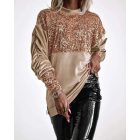 Velvet Mock Neck Sequin Patch Sweattshirt Ruched Long Sleeve Side Zipper Design Pullover Top