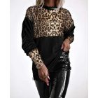 Velvet Contrast Leopard Sequin Patch Crewneck Sweatshirt Ruched Long Sleeve Zipper Slit Pullover Top