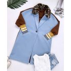 Color Block Long Trench Coat Single Breasted Detachable Fuzzy Leopard Pattern Lapel Overcoat