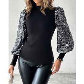   Mock Neck Lantern Sleeve Ribbed Top Contrast Sequin Pullover Blouse