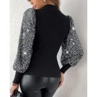 Mock Neck Lantern Sleeve Ribbed Top Contrast Sequin Pullover Blouse