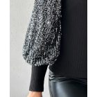 Mock Neck Lantern Sleeve Ribbed Top Contrast Sequin Pullover Blouse