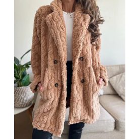   Cable Textured Lapel Neck Button Front Pocket Design Thermal Teddy Coat