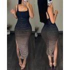 Ombre Rhinestone Decor Party Dress Ruched Side Slit Bodycon Slip Dress