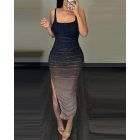 Ombre Rhinestone Decor Party Dress Ruched Side Slit Bodycon Slip Dress