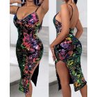 Colorful Sequin Floral Jacquard Pattern Bodycon Dress Backless Slit Party Club Slip Dress