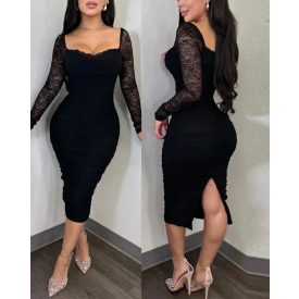   Contrast Lace Long Sleeve Back Slit Slim Fit Bodycon Dress Sexy Party Dress