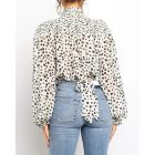 Leopard Print High Neck Lantern Long Sleeve Tied Detail Blouse Loose Casual Tops
