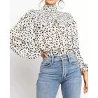 Leopard Print High Neck Lantern Long Sleeve Tied Detail Blouse Loose Casual Tops