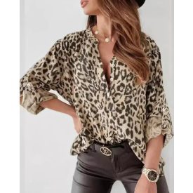   Leopard Print Stand Collar Roll Tab Sleeve Blouses Oversized Casual Shirt