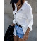 Turn-down Collar Long-Sleeve Front Button Backless Shirt Metal Chain Decor Blouses with Patch Pocket
