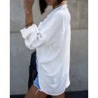 Turn-down Collar Long-Sleeve Front Button Backless Shirt Metal Chain Decor Blouses with Patch Pocket