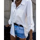 Turn-down Collar Long-Sleeve Front Button Backless Shirt Metal Chain Decor Blouses with Patch Pocket