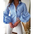 Striped Print Turn-Down Collar Lantern Sleeve Slim Fit Blouse Front Button Casual Top