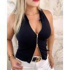 High Neck Sleeveless Slim Fit Front Zipper Tank Casual Top