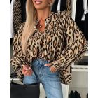 Leopard Print Round Neck Long Sleeve Front Button Blouse Casual Top