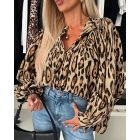 Leopard Print Round Neck Long Sleeve Front Button Blouse Casual Top