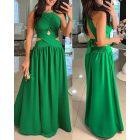 Halter Sleeveless Tied Detail Shirred Criss Cross Flared Dress Glamorous Evening Dress
