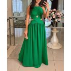 Halter Sleeveless Tied Detail Shirred Criss Cross Flared Dress Glamorous Evening Dress