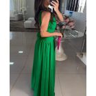 Halter Sleeveless Tied Detail Shirred Criss Cross Flared Dress Glamorous Evening Dress