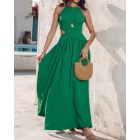 Halter Sleeveless Tied Detail Shirred Criss Cross Flared Dress Glamorous Evening Dress