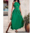 Halter Sleeveless Tied Detail Shirred Criss Cross Flared Dress Glamorous Evening Dress