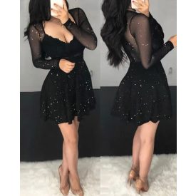   Glitter Sheer Mesh See Through Contrast Lace Long Sleeve Mini Dress Deep V Neck A Line Dresses