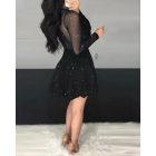 Glitter Sheer Mesh See Through Contrast Lace Long Sleeve Mini Dress Deep V Neck A Line Dresses