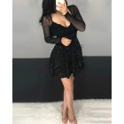 Glitter Sheer Mesh See Through Contrast Lace Long Sleeve Mini Dress Deep V Neck A Line Dresses