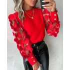 Floral Pattern Long Sleeve See Through Sheer Mesh Tops Pullover Tee Shirt