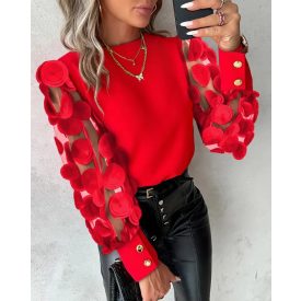   Floral Pattern Long Sleeve See Through Sheer Mesh Tops Pullover Tee Shirt