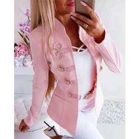   Stand Collar Frog Front Button Long Sleeve Fake Pockets Coat Casual Jackets