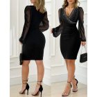 Chiffon Long Sleeve V-Neck Bodycon Dress Rhinestone Decor Mini Dress