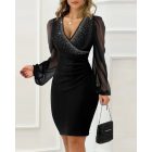 Chiffon Long Sleeve V-Neck Bodycon Dress Rhinestone Decor Mini Dress