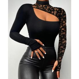   Rhinestone Bandeau Sheer Mesh Slim Fit Long Sleeve Tee Sexy Top