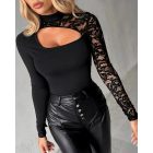 Rhinestone Bandeau Sheer Mesh Slim Fit Long Sleeve Tee Sexy Top