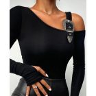 Long Sleeve Slim Fit Tops Casual Cold Shoulder Buckled Blouse Shirts