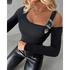Long Sleeve Slim Fit Tops Casual Cold Shoulder Buckled Blouse Shirts