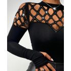 Rhinestone Hollow Out Cold Shoulder Long Sleeve Top Casual Tee