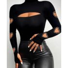 Beaded Decor Cutout Long Sleeve Top