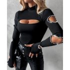 Beaded Decor Cutout Long Sleeve Top