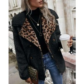   Contrast Leopard Pattern Teddy Coat Double Breasted Fleece Thermal Jacket