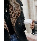 Contrast Leopard Pattern Teddy Coat Double Breasted Fleece Thermal Jacket