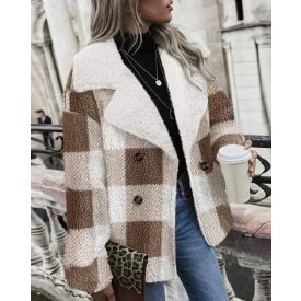 Plaid Print Double Breasted Teddy Coat